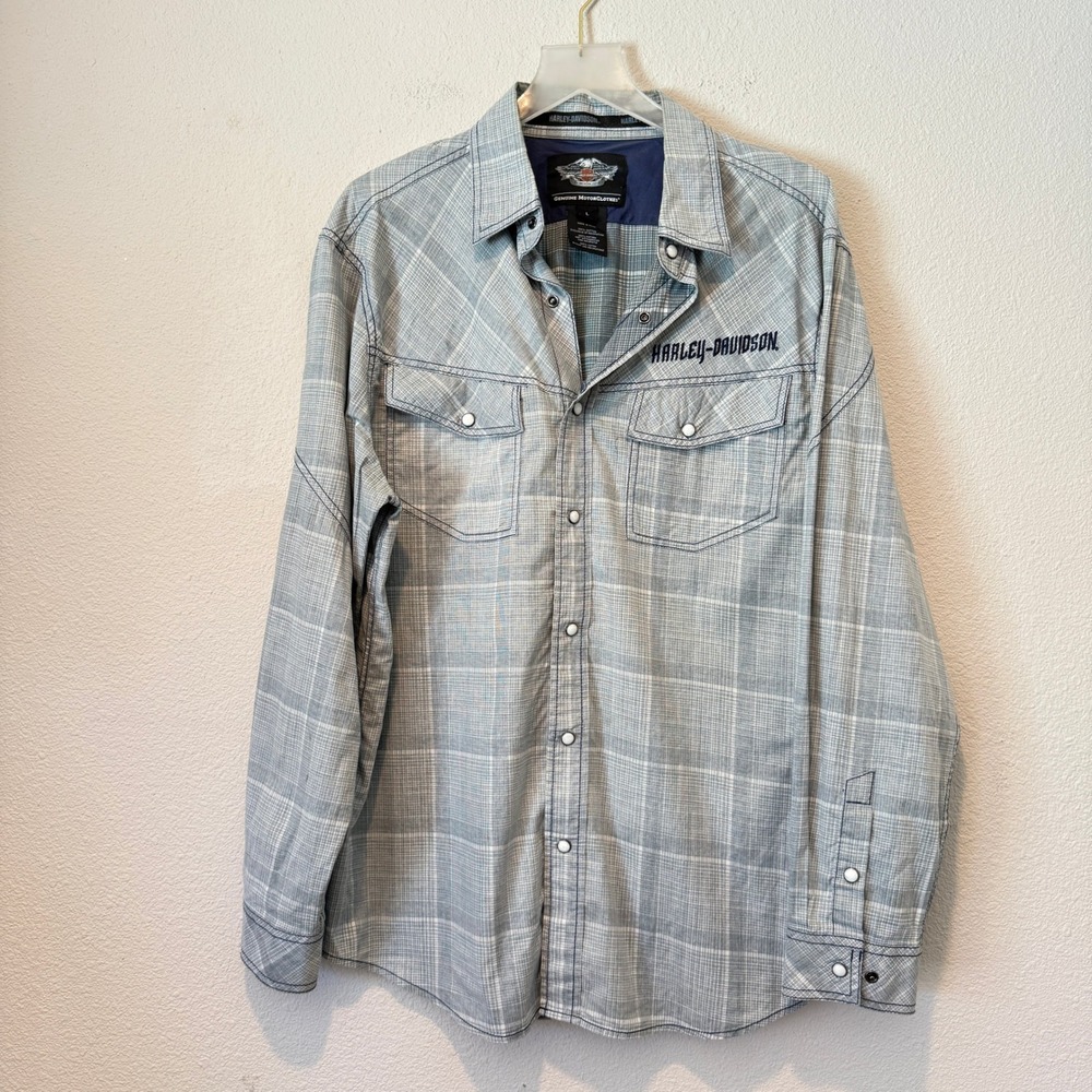 Harley Davidson Mens Large Blue Plaid Snap Front Genuine MotorClothes Shirt L